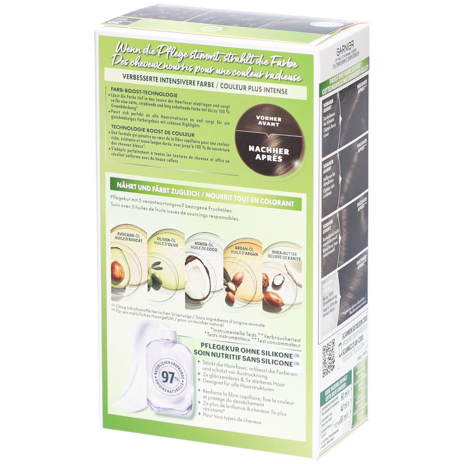 Dos de la boîte de coloration capillaire. Garnier Nutrisse. Ingrédients : avocat, olive, karité, argan. 97% d'ingrédients naturels.