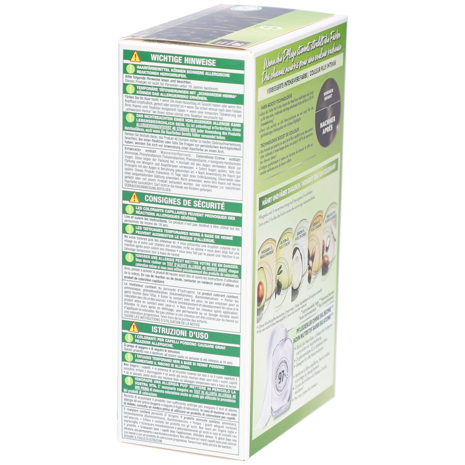 Côté de la boîte de coloration capillaire. Garnier Nutrisse. Avertissements, instructions d'utilisation, consignes de sécurité.