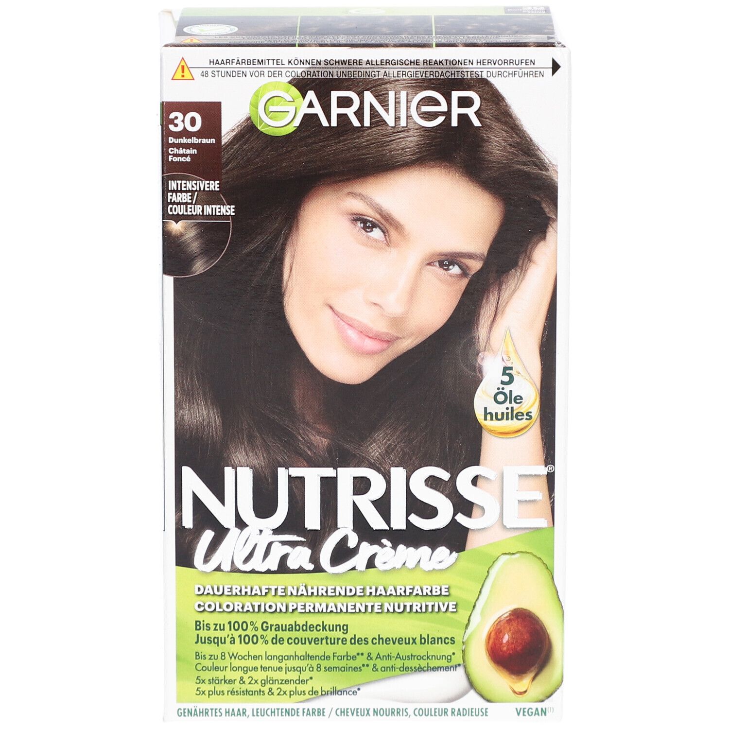 Boîte de coloration capillaire. Garnier Nutrisse Ultra Crème 30 Ebène. Femme aux cheveux bruns. Illustration d'avocat.