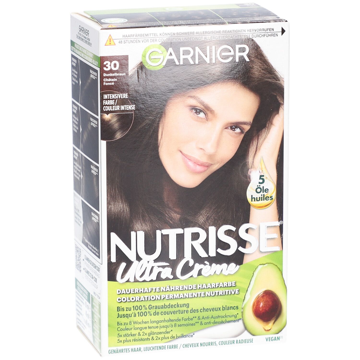 Boîte de coloration capillaire. Garnier Nutrisse Ultra Crème 30 Ebène. Femme aux cheveux bruns. Illustration d'avocat.