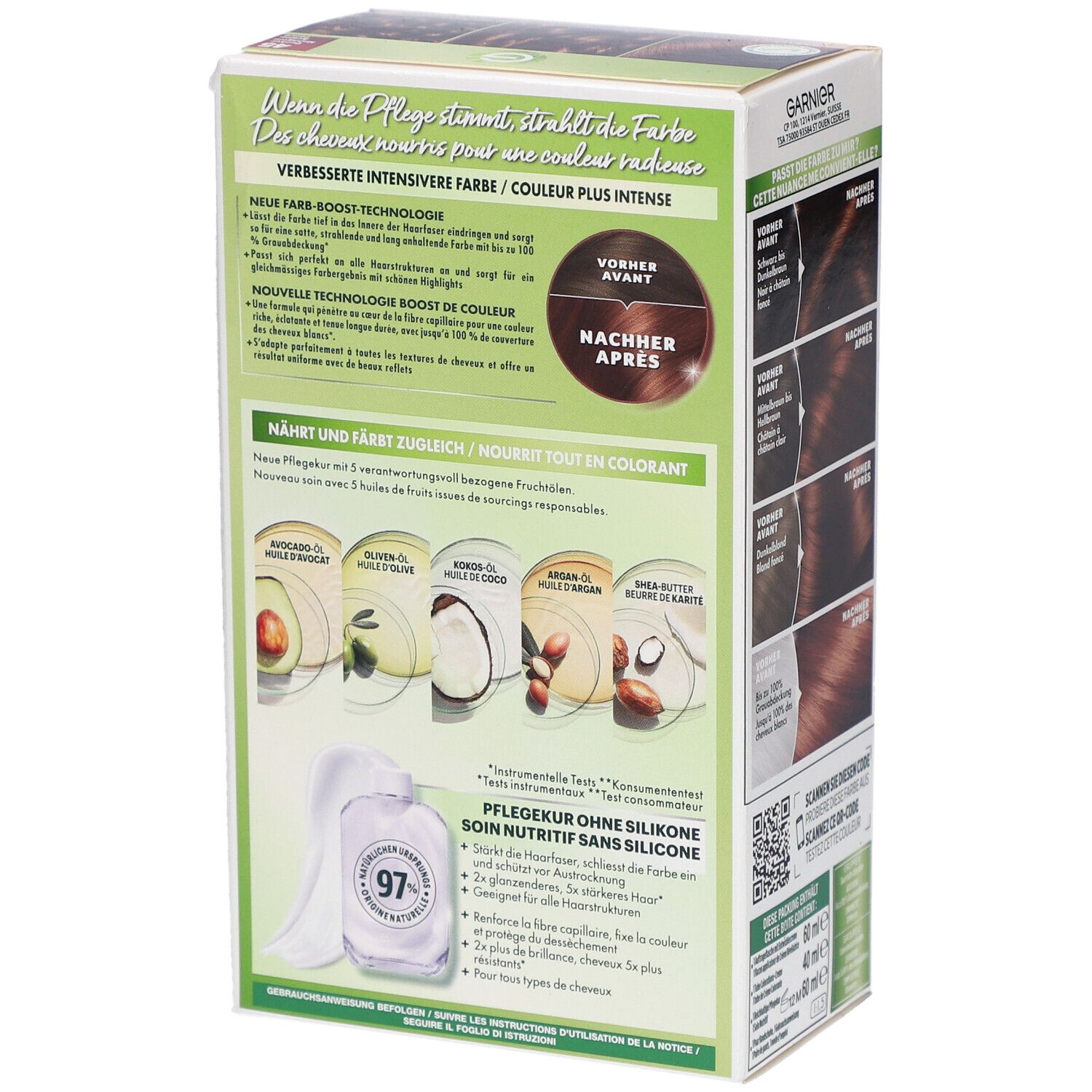 Dos de la boîte de coloration capillaire avec ingrédients et résultats de couleur. Illustrations d'avocat et d'huiles.