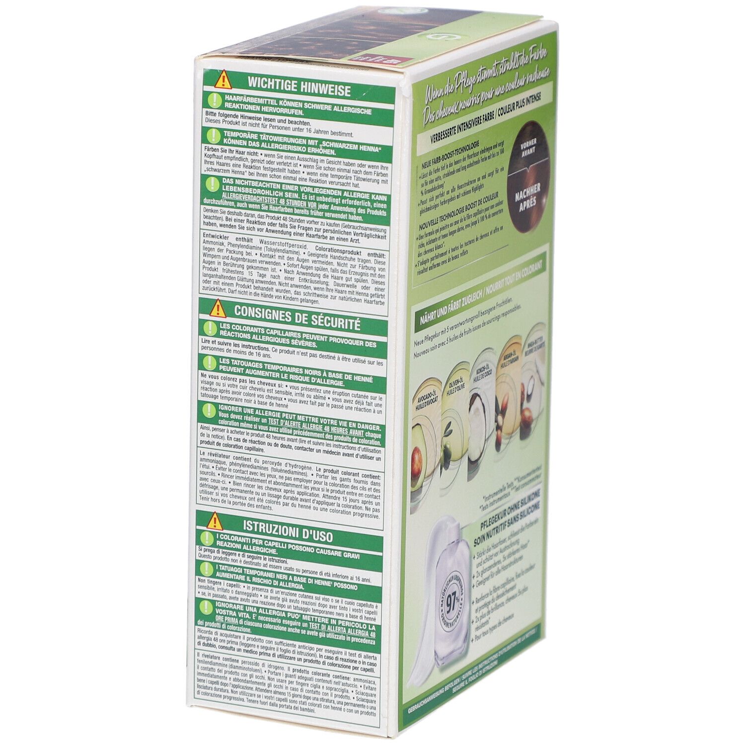 Vue latérale de la boîte de coloration capillaire avec avertissements et instructions. Logo végan.