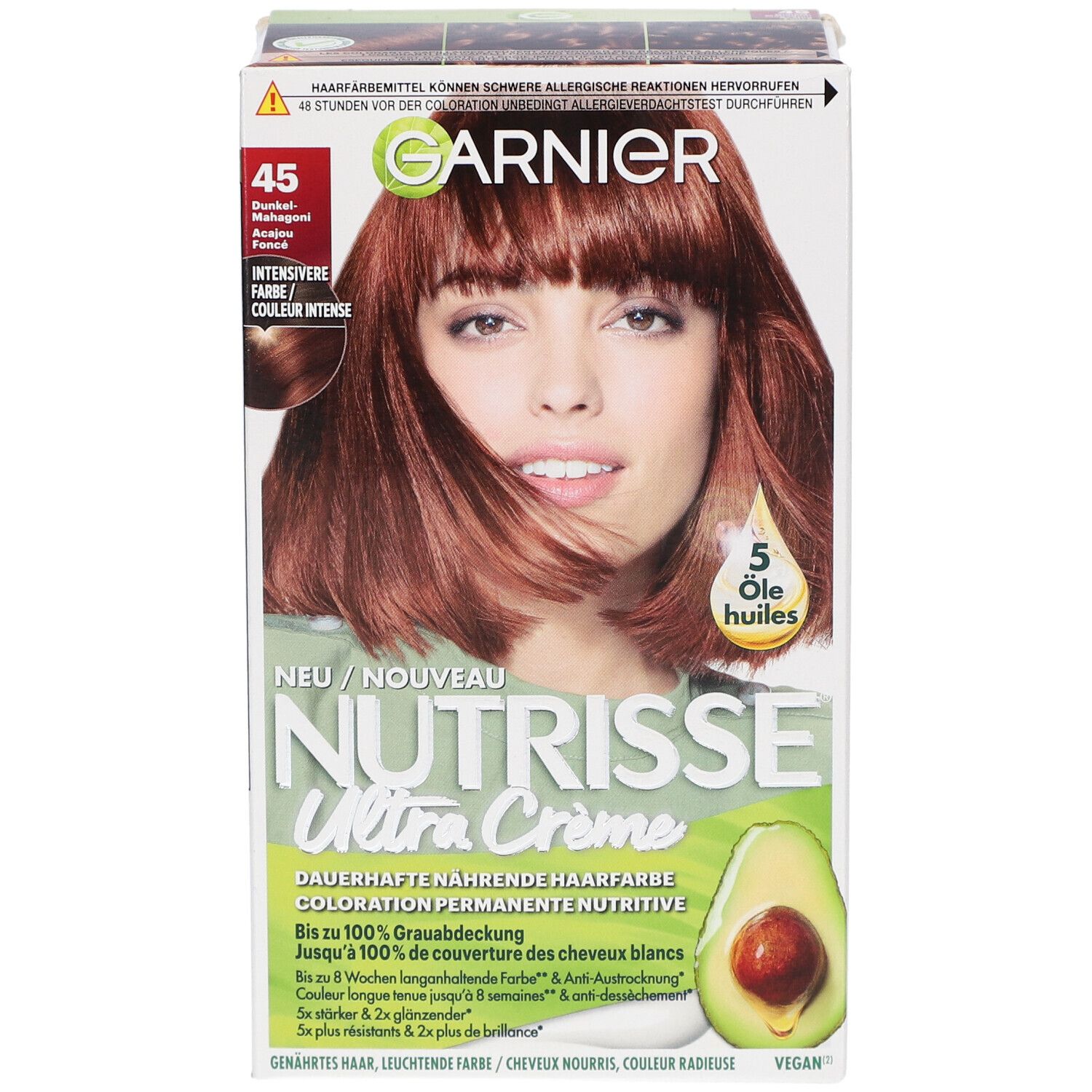 Boîte de coloration capillaire avec femme, illustration d'avocat et nom du produit. Teinte 45 acajou foncé.