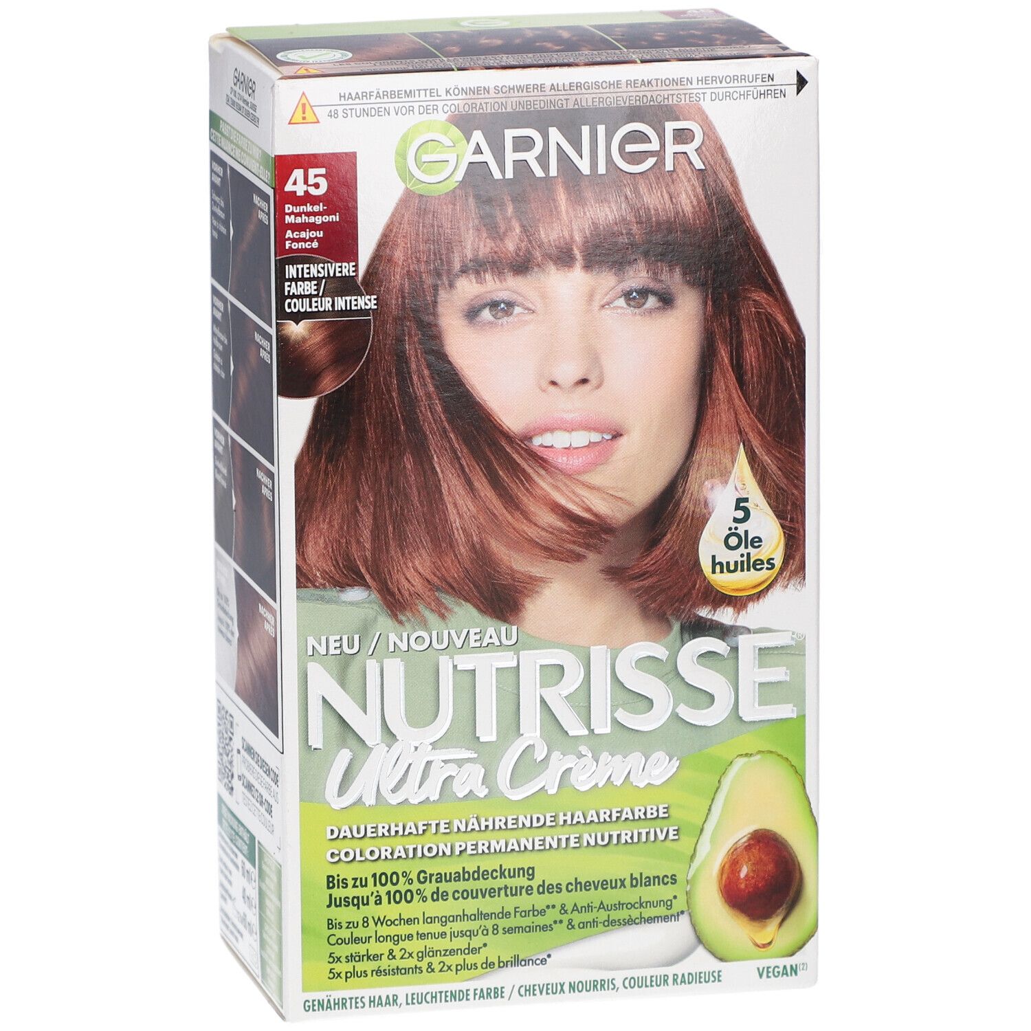 Boîte de coloration capillaire avec femme, illustration d'avocat et nom du produit. Teinte 45 acajou foncé.