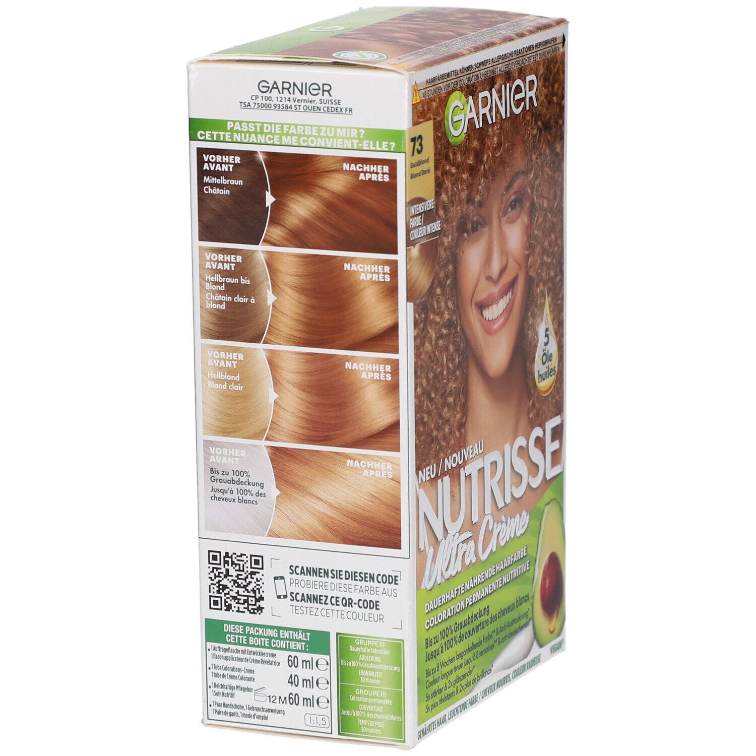 Boîte Garnier Nutrisse Crème Permanente 73 Blond doré. Vue latérale. Comparaison avant/après. Code QR.