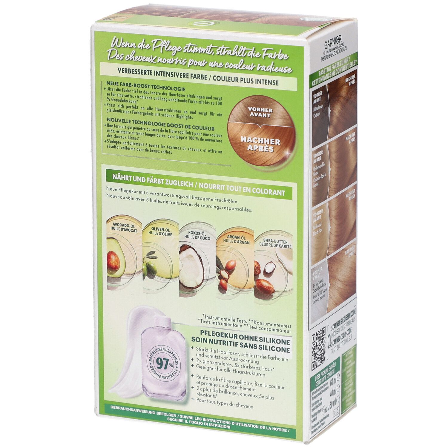 Dos de la boîte Garnier Nutrisse Crème Permanente. Texte sur la technologie couleur et les ingrédients. Illustrations.