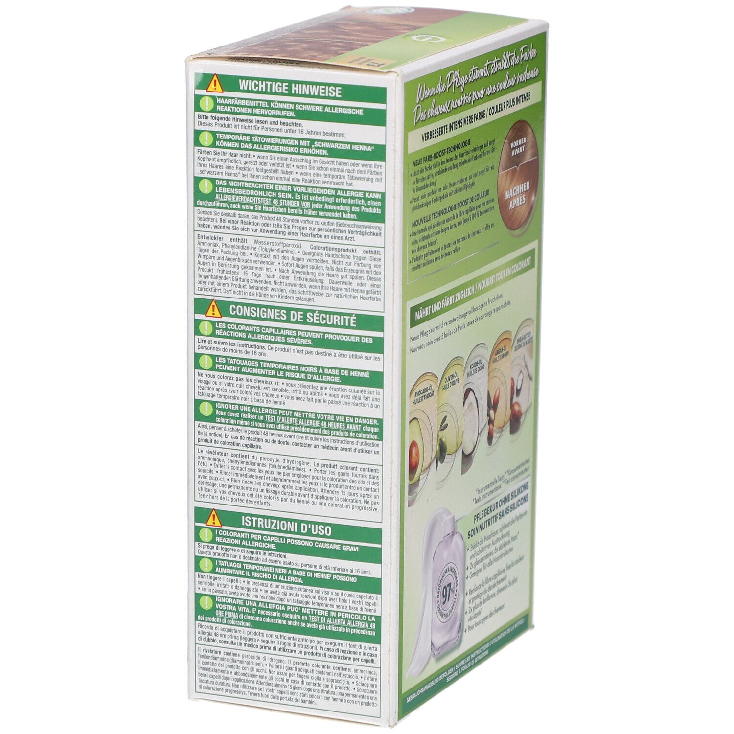 Côté de la boîte Garnier Nutrisse Crème Permanente. Avertissements, consignes de sécurité et mode d'emploi.