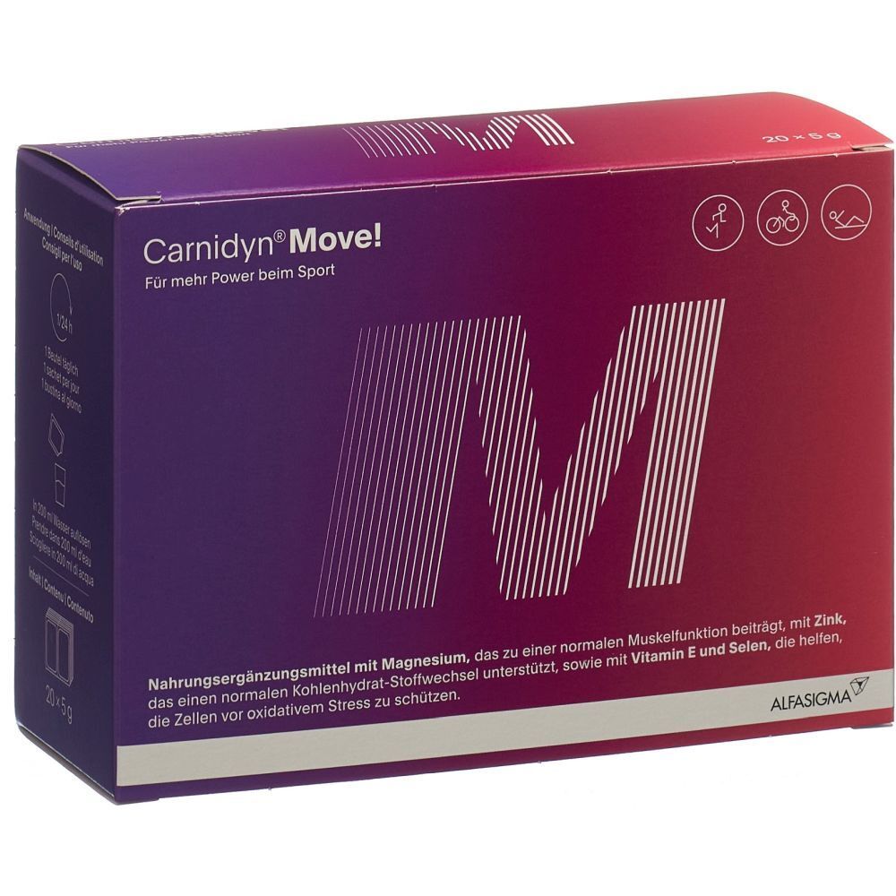 Karton von Carnidyn Move! mit lila-rotem Farbverlauf. Großes, weißes "M"-Logo. Text: Nahrungsergänzungsmittel mit Magnesium.