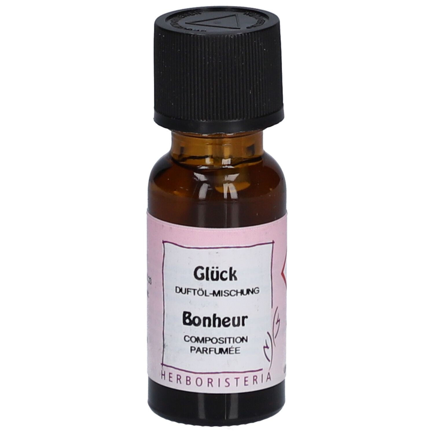 Braune Glasflasche mit schwarzem Deckel. Etikett mit Text: Glück, Duftöl-Mischung, Bonheur, Composition Parfumée. Marke: HERBORISTERIA.