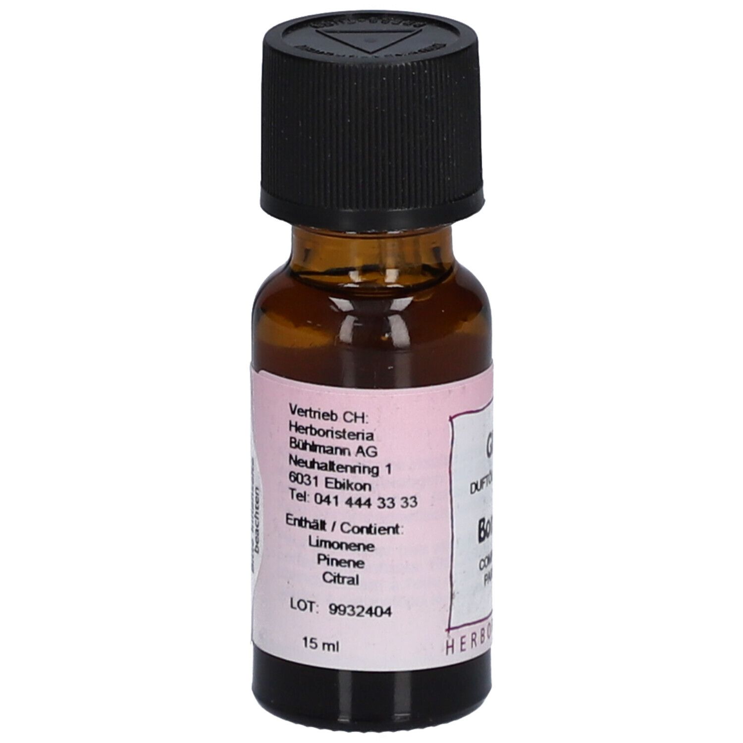 Braune Glasflasche mit schwarzem Deckel. Etikett mit Text und Inhaltsstoffen. Marke: HERBORISTERIA. Volumen: 15 ml. Chargennummer: 9932404.