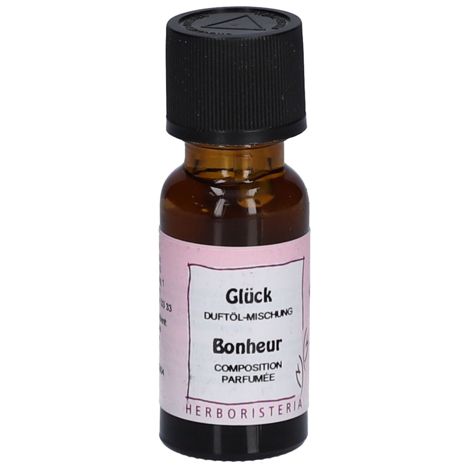Braune Glasflasche mit schwarzem Deckel. Etikett mit Text: Glück, Duftöl-Mischung, Bonheur, Composition Parfumée. Marke: HERBORISTERIA.