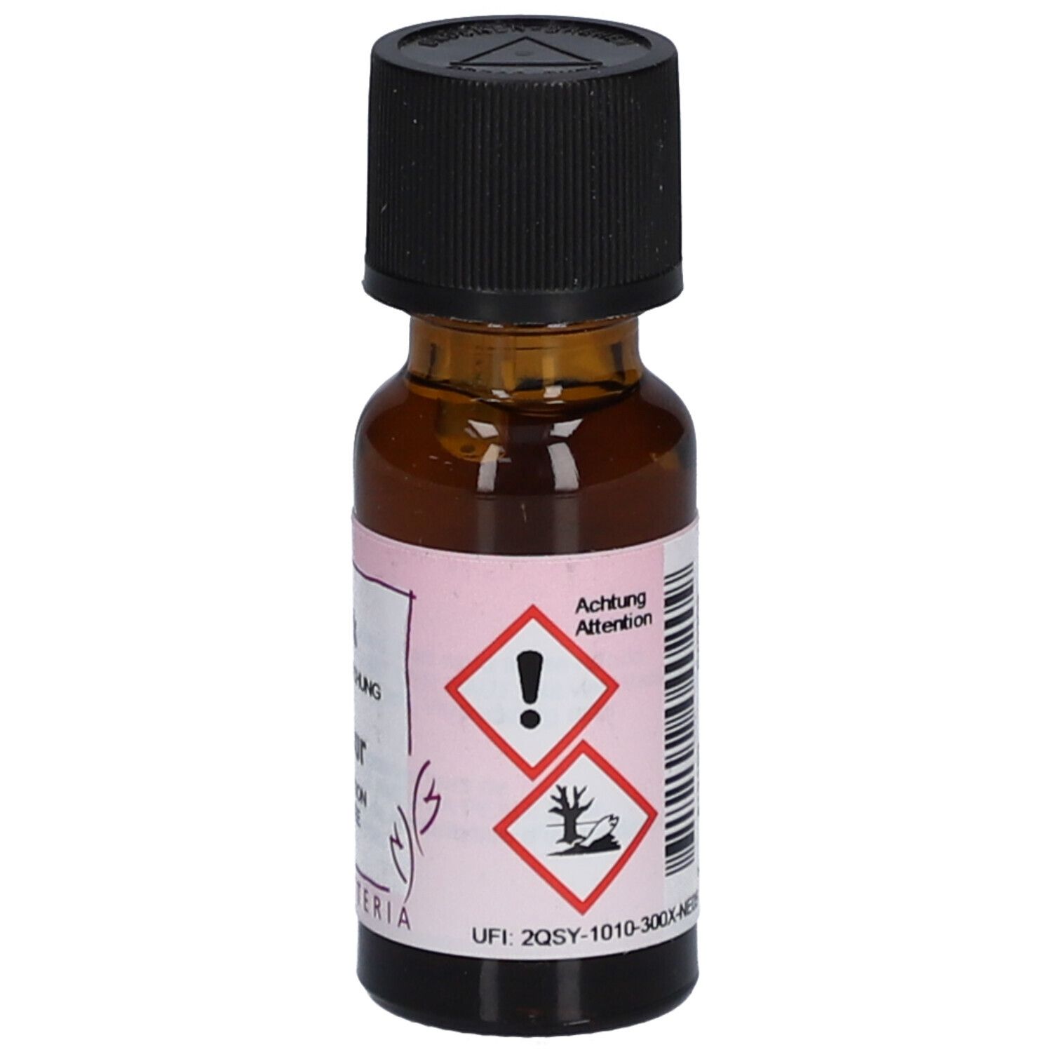 Braune Glasflasche mit schwarzem Deckel. Etikett mit Gefahrensymbolen und Text. Marke: HERBORISTERIA. UFI-Code.