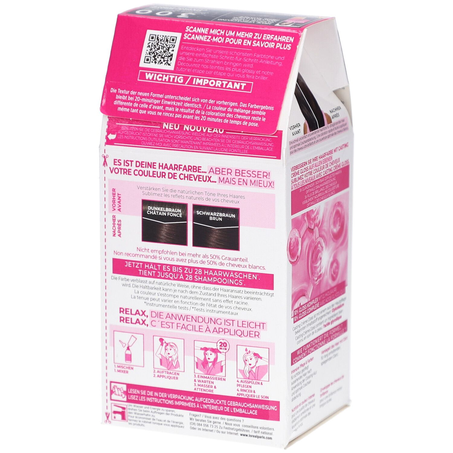 Emballage L'Oréal Paris Casting Crème Gloss ouvert. Contient des informations et des instructions d'utilisation. Avec code QR.