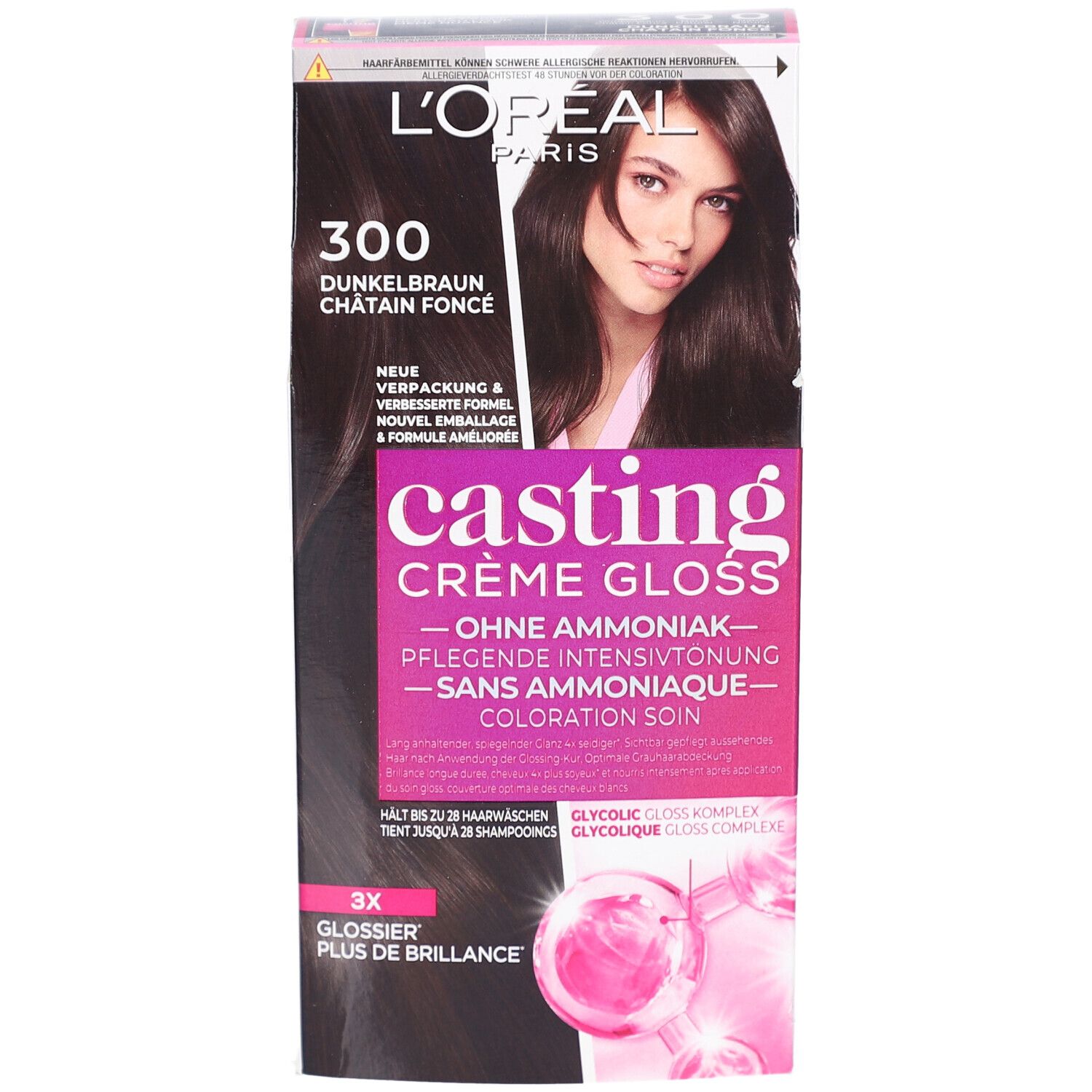 L'Oréal Paris Casting Crème Gloss 300 Brun foncé. Boîte avec image du produit et texte. Contient des informations sur la couleur.