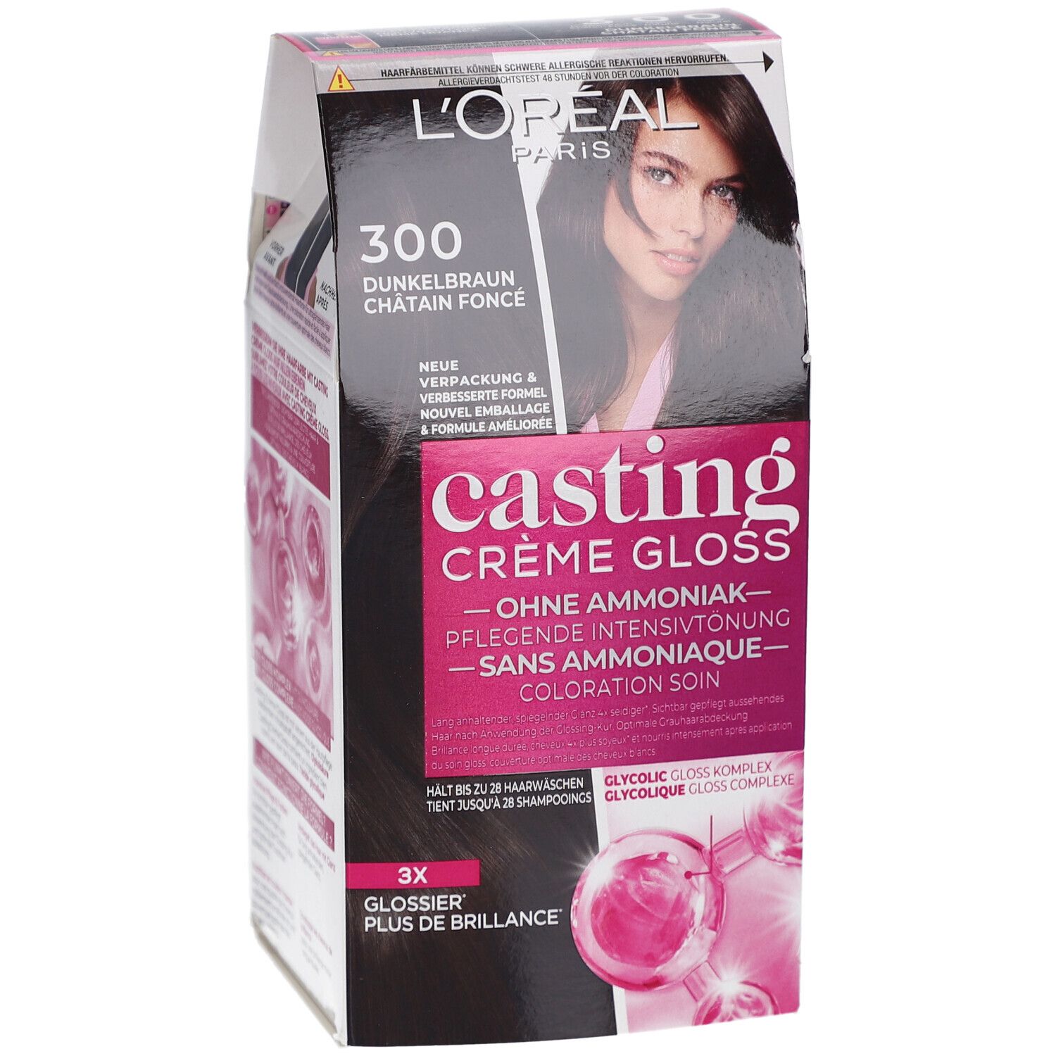 L'Oréal Paris Casting Crème Gloss 300 Brun foncé. Boîte avec image du produit et texte. Contient des informations sur la couleur.
