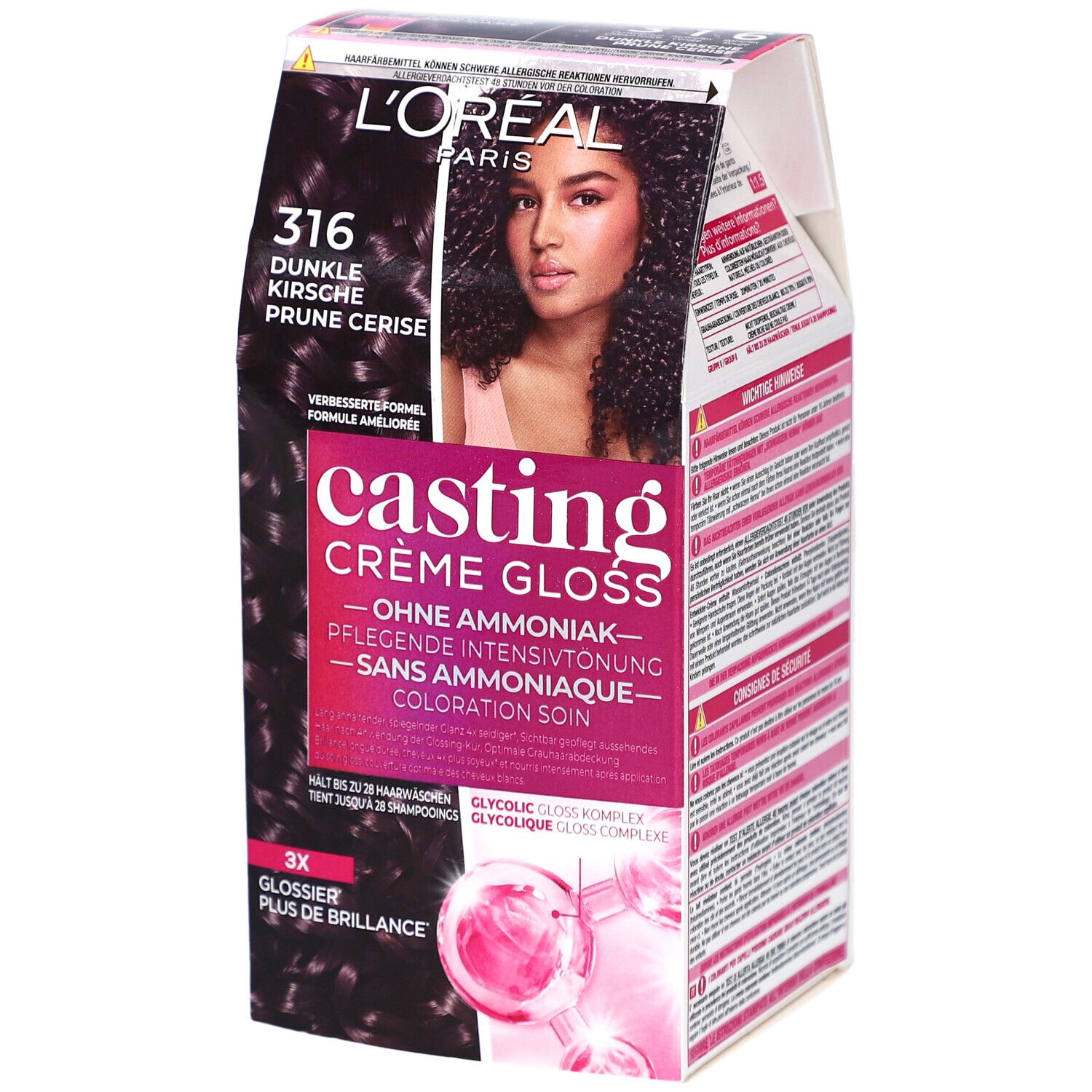 L'Oréal Paris Casting Crème Gloss 316 Prune Exquise. Boîte avec image et texte. Sans ammoniaque.