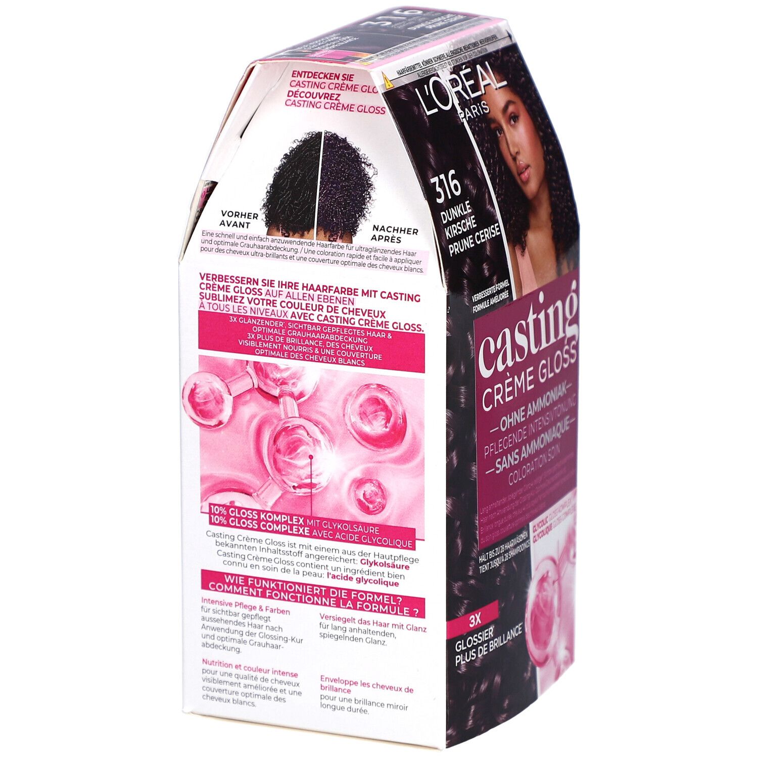 L'Oréal Paris Casting Crème Gloss 316 Prune Exquise. Arrière de la boîte avec texte et exemples de couleurs.