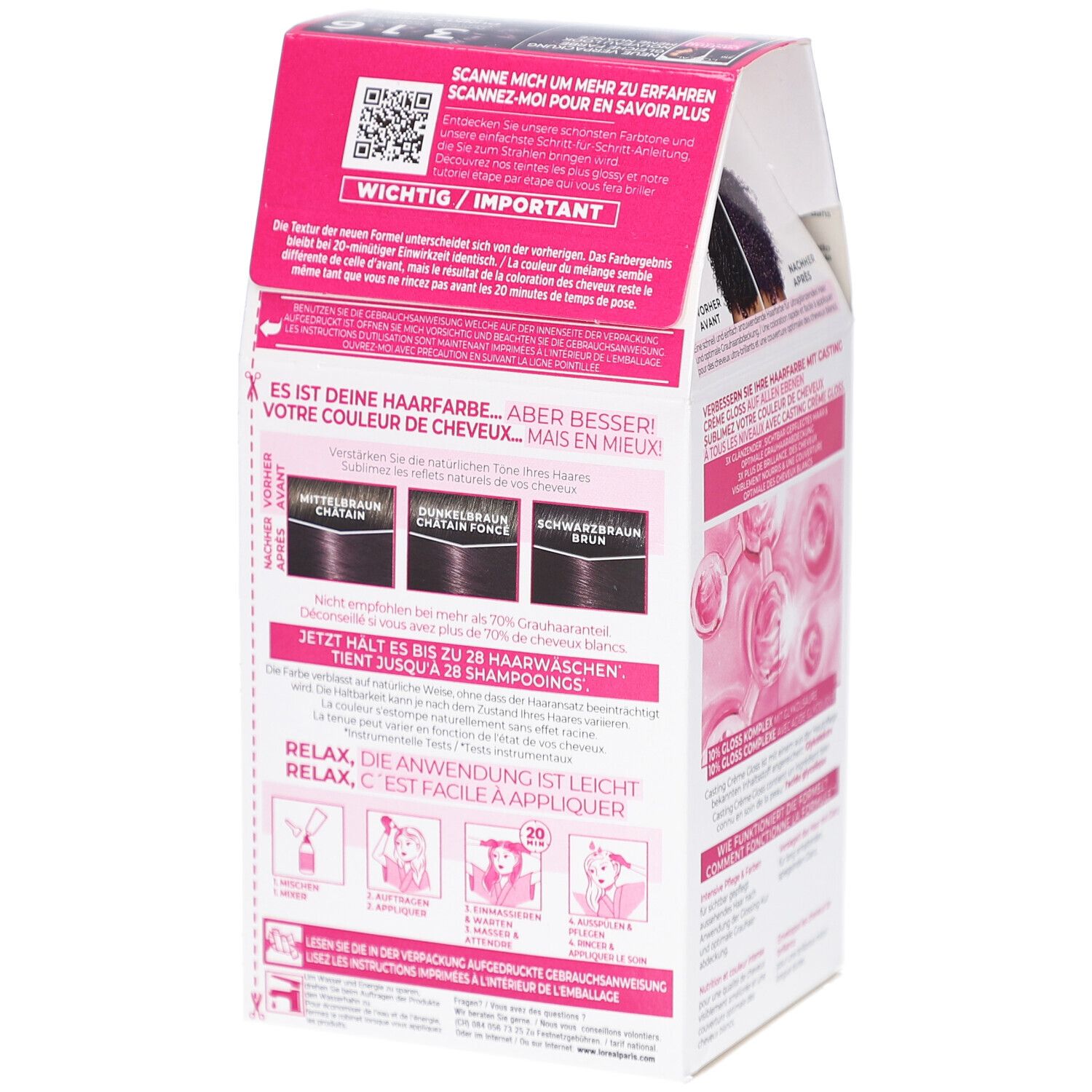 L'Oréal Paris Casting Crème Gloss 316 Prune Exquise. Emballage avec texte, QR code et exemples de couleurs.