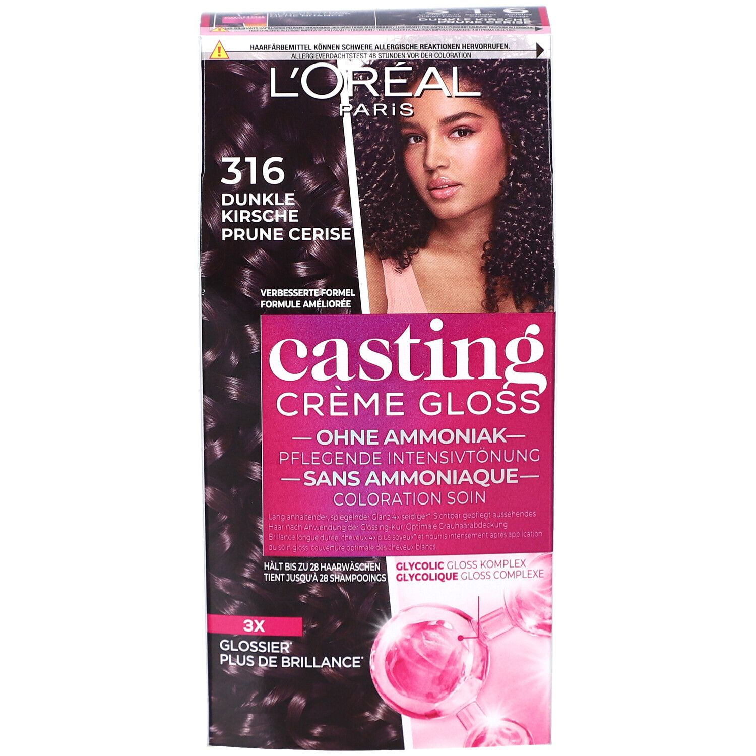 L'Oréal Paris Casting Crème Gloss 316 Prune Exquise. Boîte avec image et texte. Sans ammoniaque.