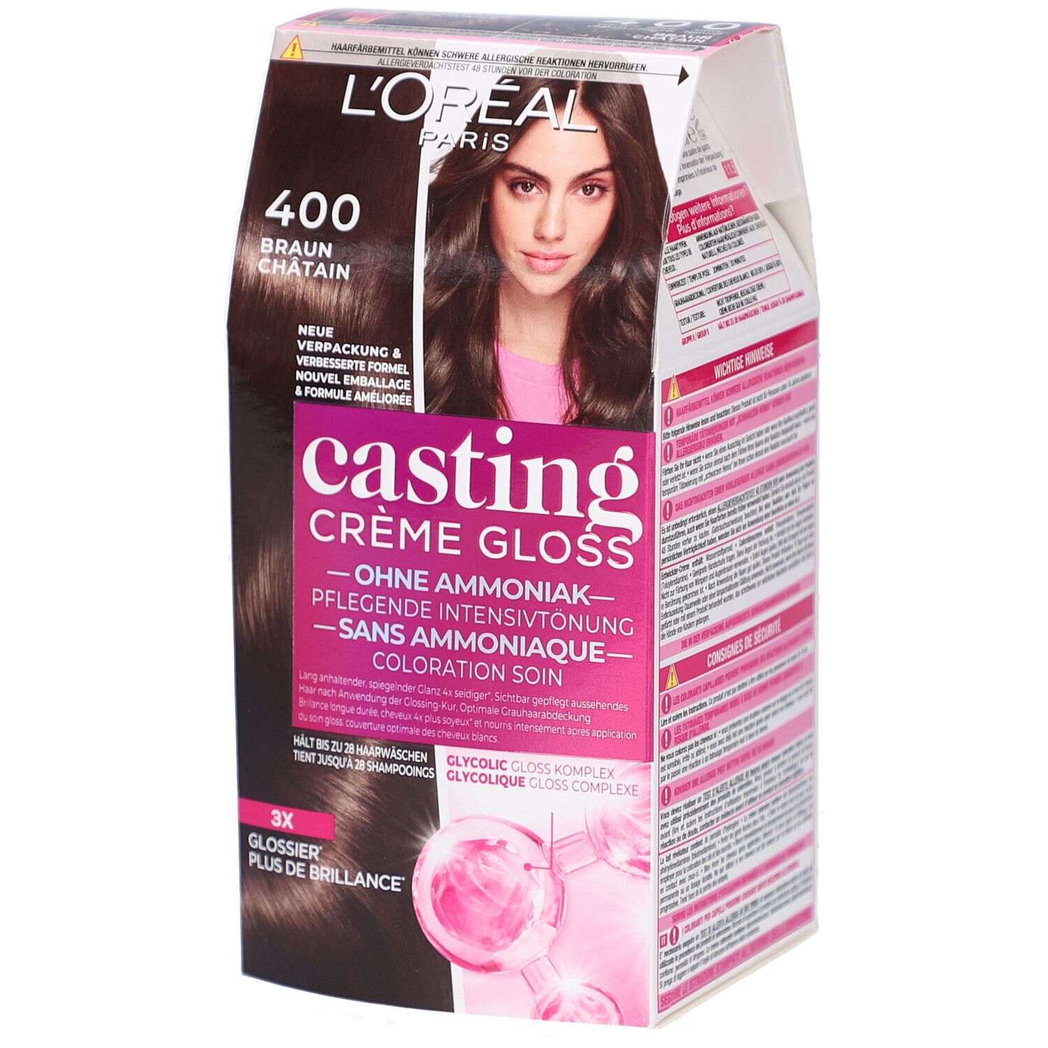 L'Oréal Paris Casting Crème Gloss 400. Boîte avec photo du produit et modèle. Couleur: Brun Châtain. Sans ammoniaque.