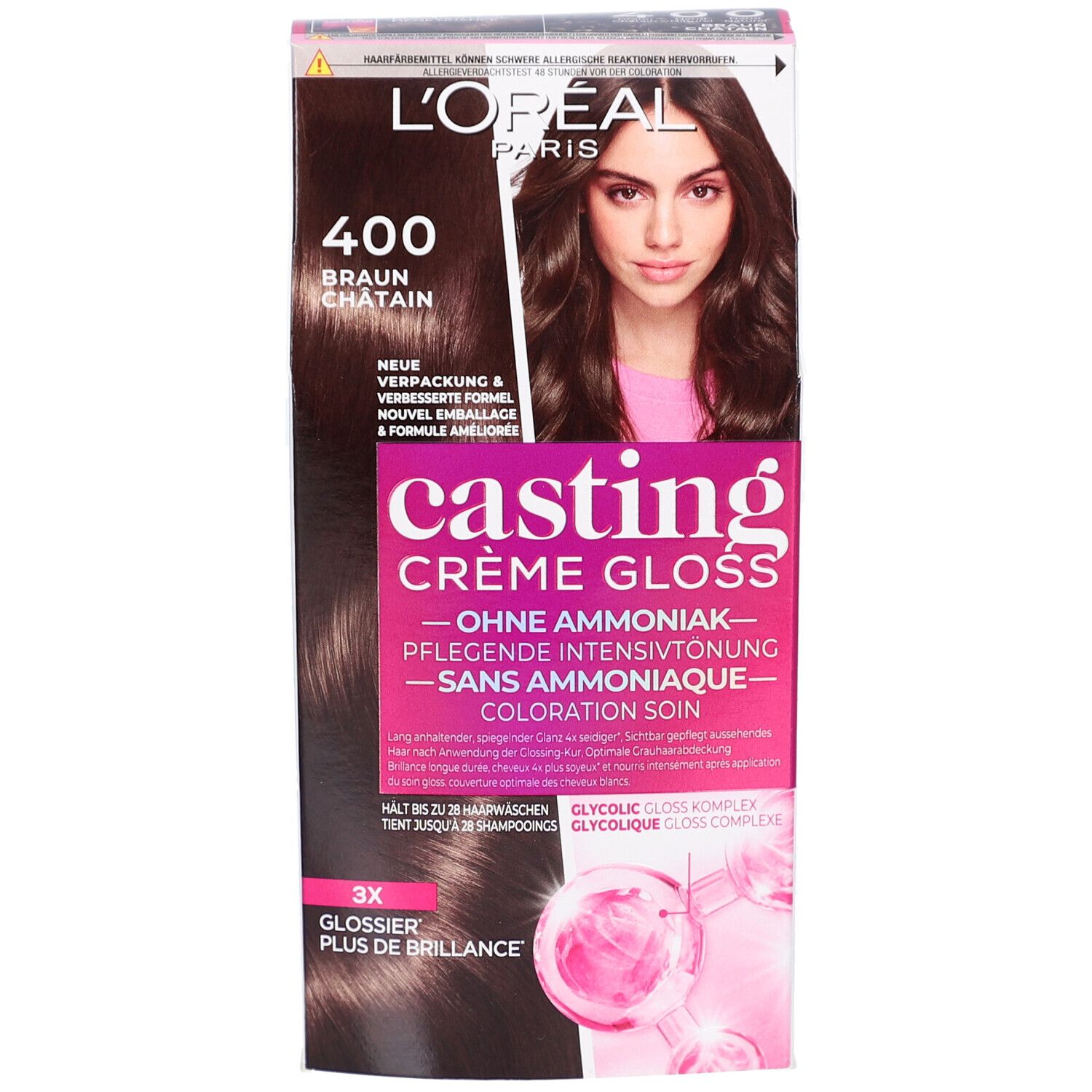 L'Oréal Paris Casting Crème Gloss 400. Face avant de l'emballage avec photo du produit et modèle. Couleur: Brun Châtain.