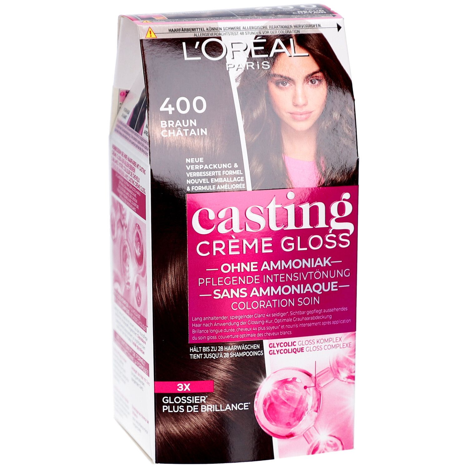 L'Oréal Paris Casting Crème Gloss 400. Emballage avec photo du produit et modèle. Couleur: Brun Châtain. Sans ammoniaque.