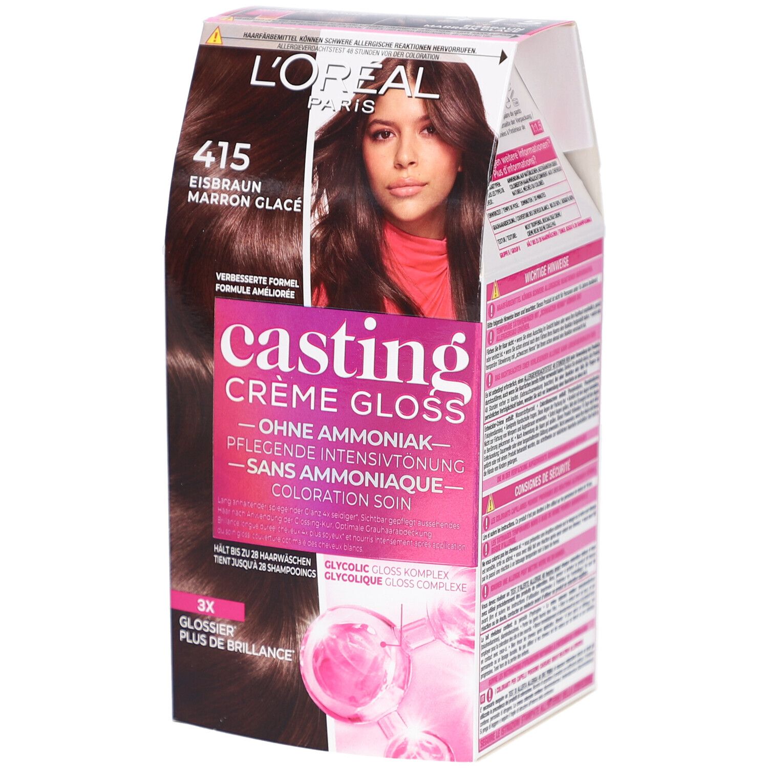 Boîte L'Oréal Paris Casting Crème Gloss 415 Marron glacé. Image du produit et texte. Contient des informations.