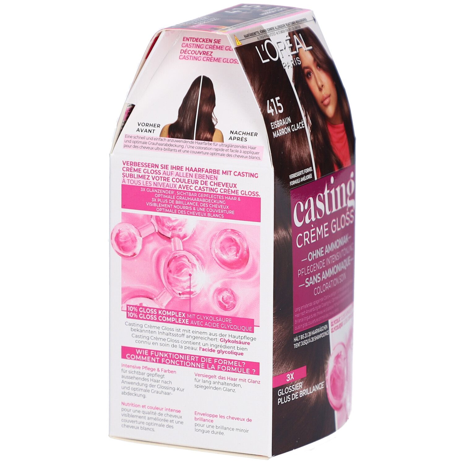 Dos de la boîte L'Oréal Paris Casting Crème Gloss. Contient des informations, exemples d'application et texte.