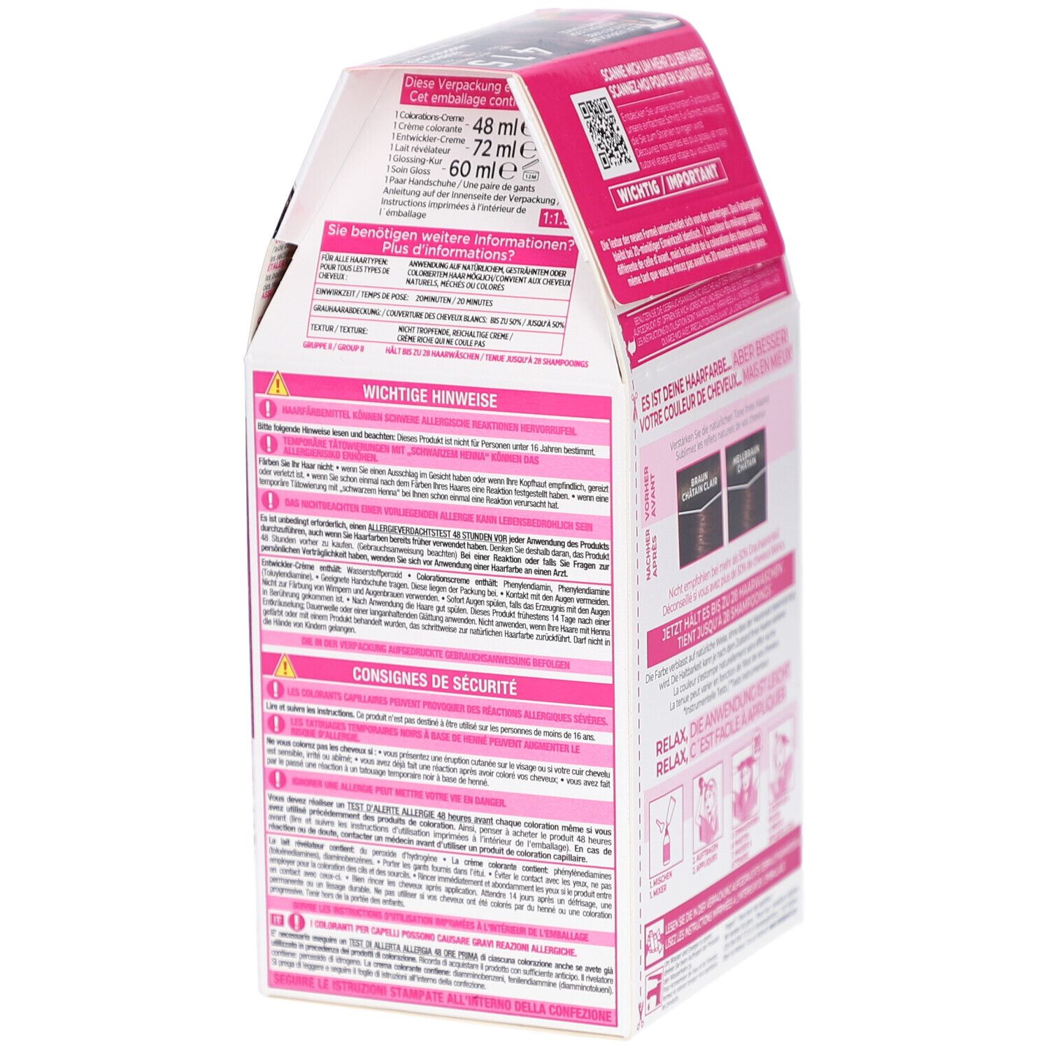 Vue latérale de la boîte L'Oréal Paris Casting Crème Gloss. Contient du texte et des informations.