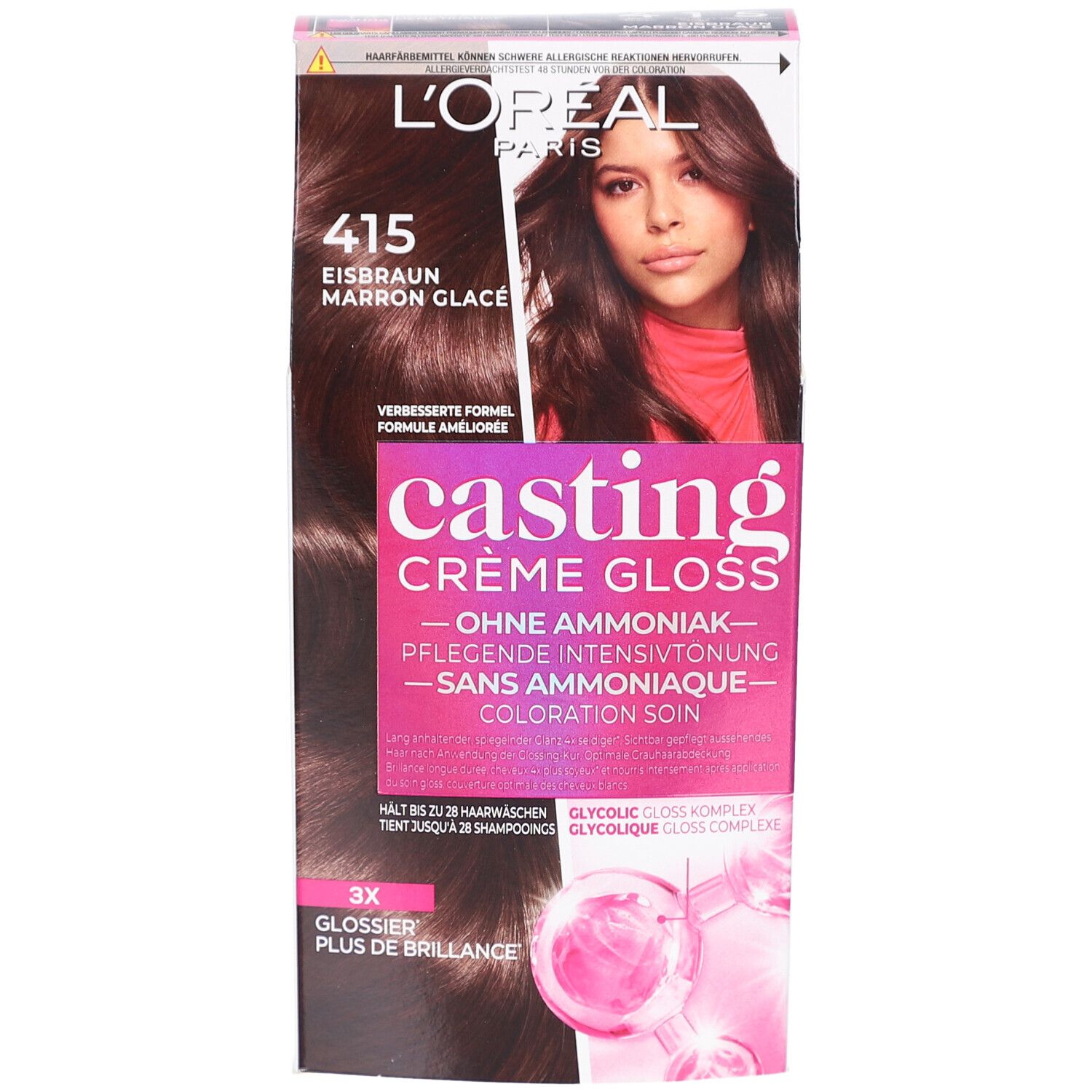 Face avant de la boîte L'Oréal Paris Casting Crème Gloss. Image et texte du produit. Teinte 415 Marron glacé.