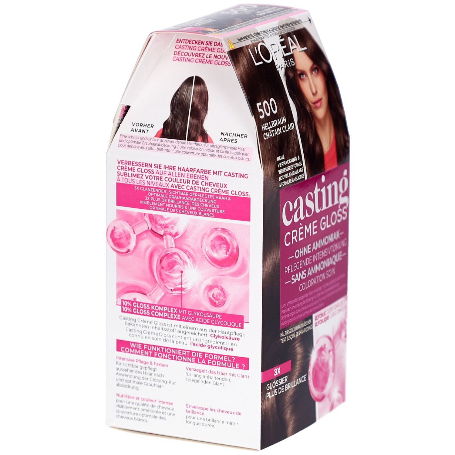 Dos de la boîte L'Oréal Paris Casting Crème Gloss. Informations produit et image du modèle. Sans ammoniaque.