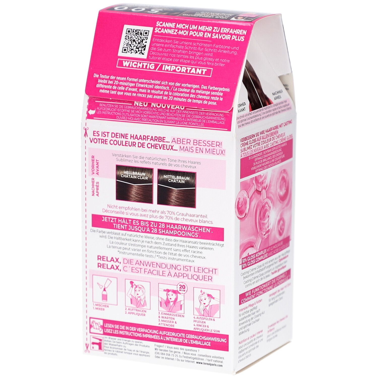 Intérieur de la boîte L'Oréal Paris Casting Crème Gloss. Informations, exemples de couleurs et instructions.