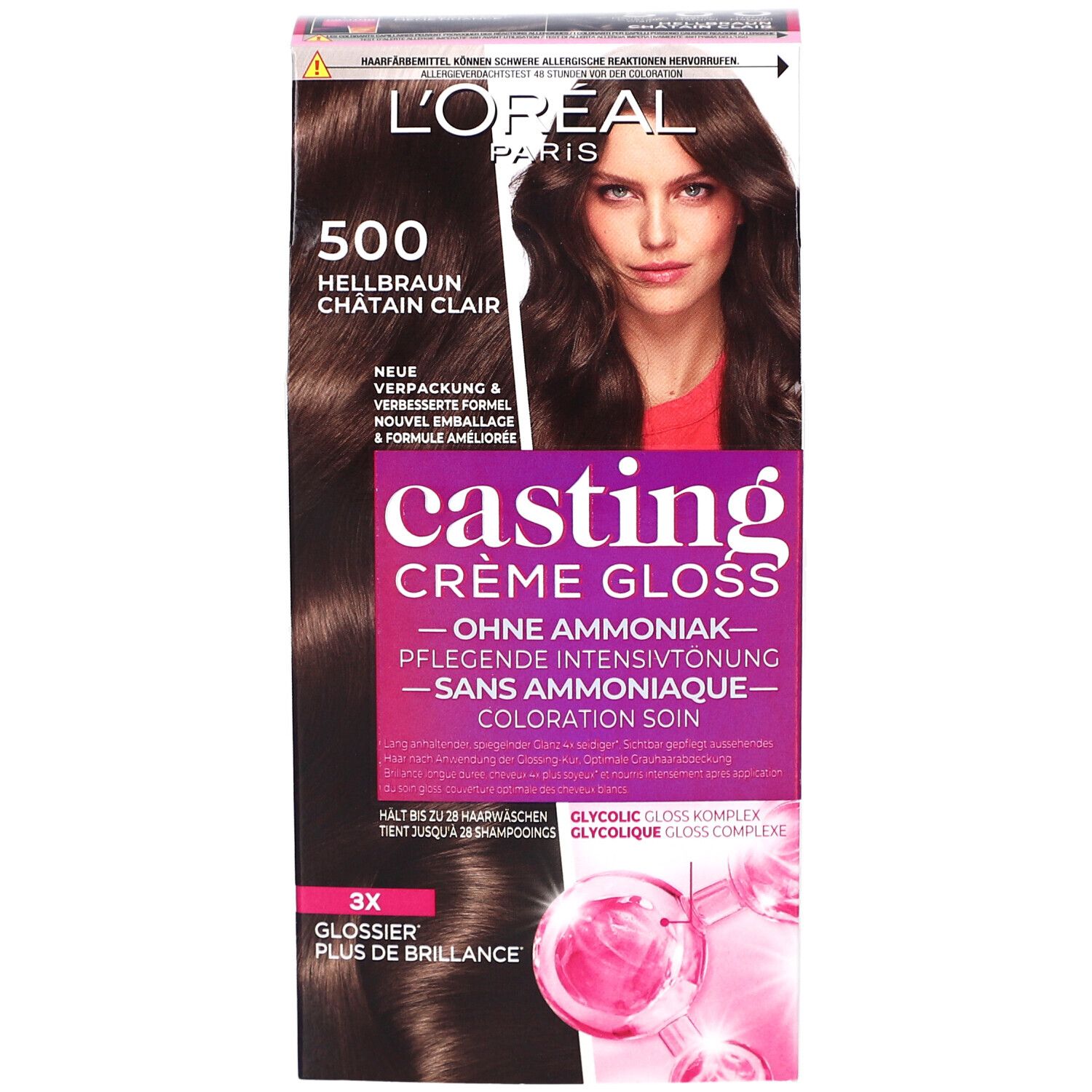 L'Oréal Paris Casting Crème Gloss 500 Châtain clair. Boîte avec photo du produit et modèle. Sans ammoniaque.