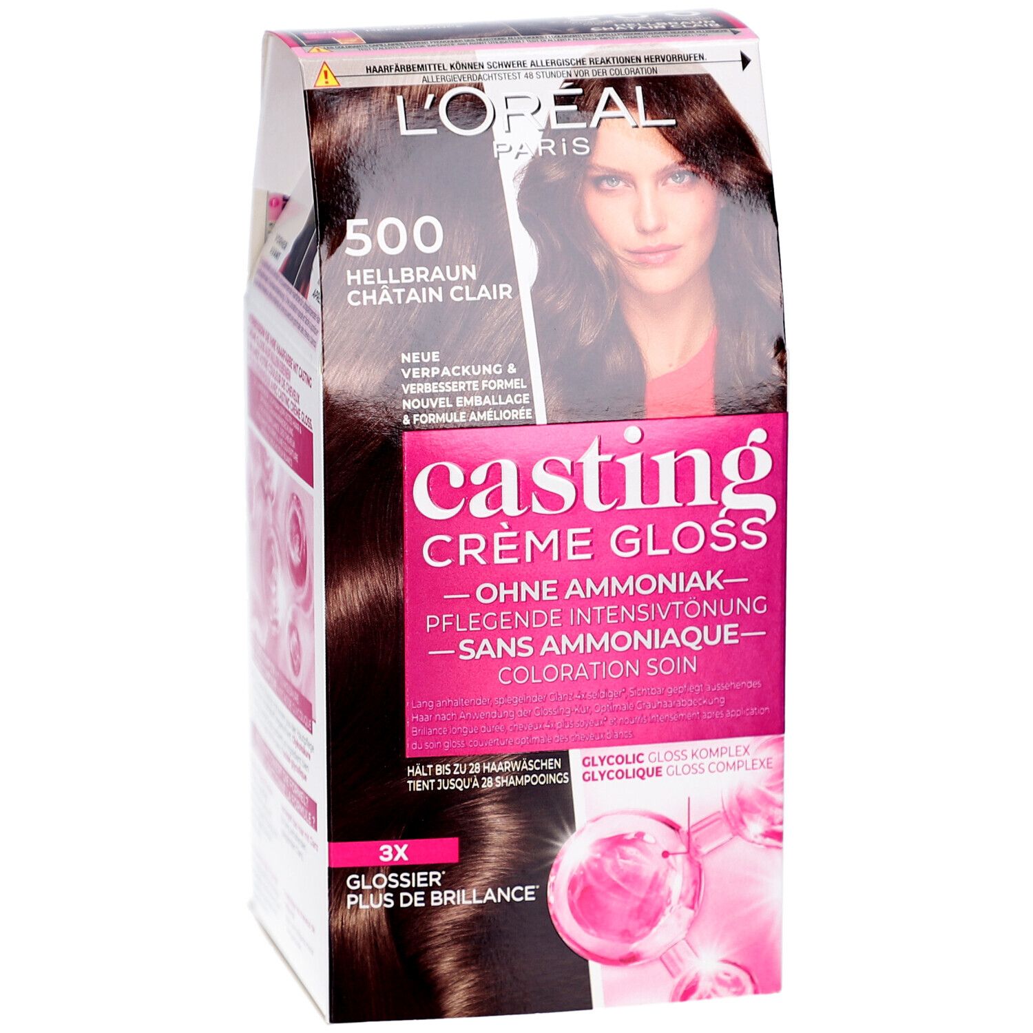 L'Oréal Paris Casting Crème Gloss 500 Châtain clair. Boîte avec photo du produit et modèle. Sans ammoniaque.