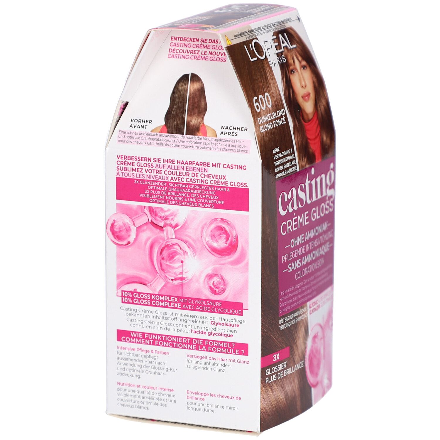 Dos de l'emballage L'Oréal Paris Casting Crème Gloss. Texte et image du produit. Fond rose.