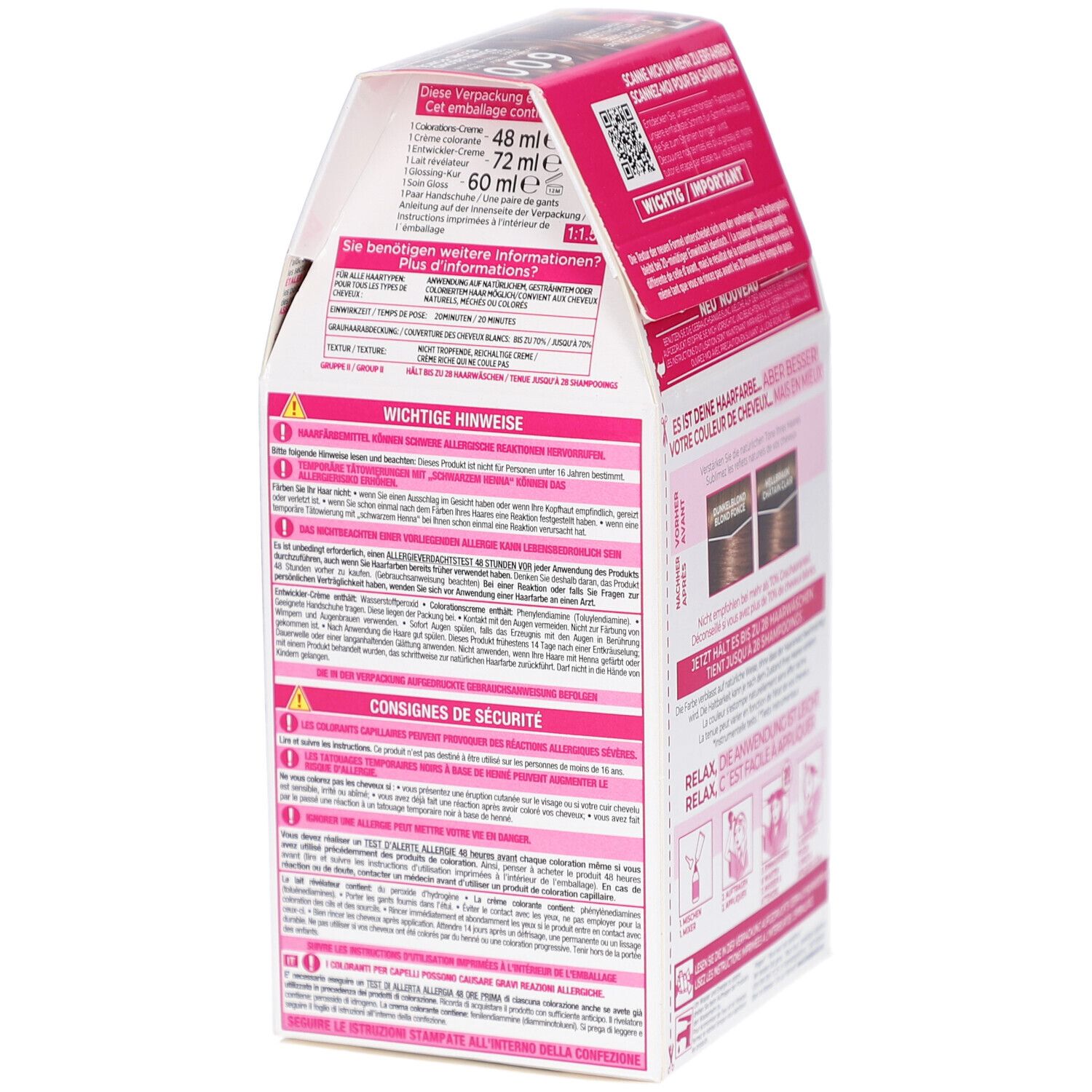 Emballage L'Oréal Paris Casting Crème Gloss, intérieur. Texte, code QR et images du produit. Rose.