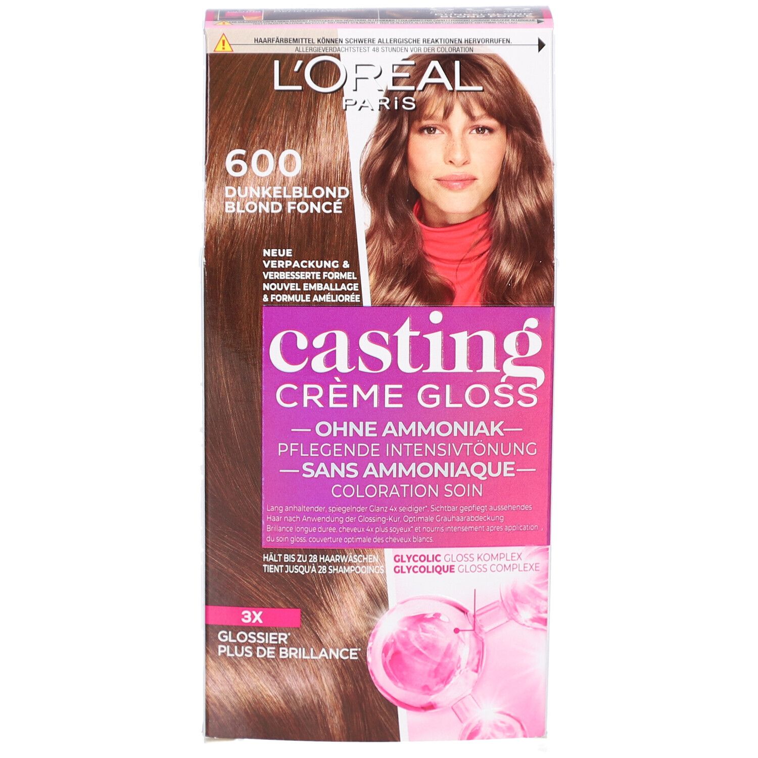L'Oréal Paris Casting Crème Gloss 600 Blond foncé. Boîte avec image et texte. Accents roses.
