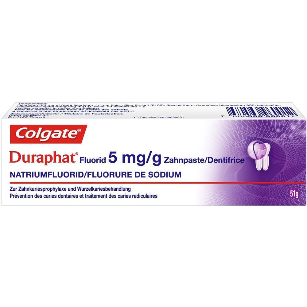 Zahnpasta-Tube in Verpackung. Aufschrift: Colgate Duraphat Fluorid 5 mg/g. Enthält Natriumfluorid. Für Kariesprophylaxe und Wurzelkariesbehandlung.
