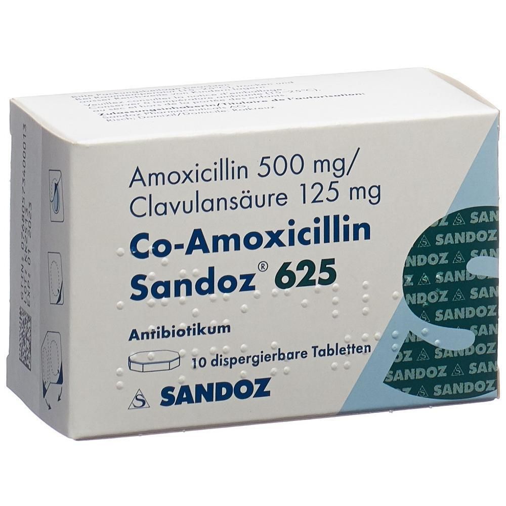 Boîte blanche avec accents bleus. Inscription: Co-Amoxicillin Sandoz 625, antibiotique, 10 comprimés. Marque Sandoz.