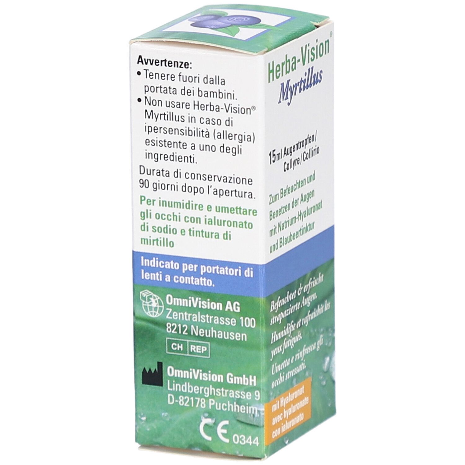 Seitenansicht der Herba-Vision Myrtillus Verpackung. Enthält Informationen zur Anwendung und Herstelleradresse. CE-Kennzeichnung.