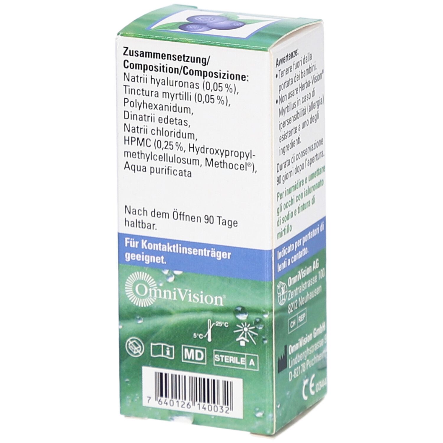 Rückseite der Herba-Vision Myrtillus Verpackung. Enthält Inhaltsstoffe, Haltbarkeitsdatum und Herstellerinformationen. Steril-Kennzeichnung.