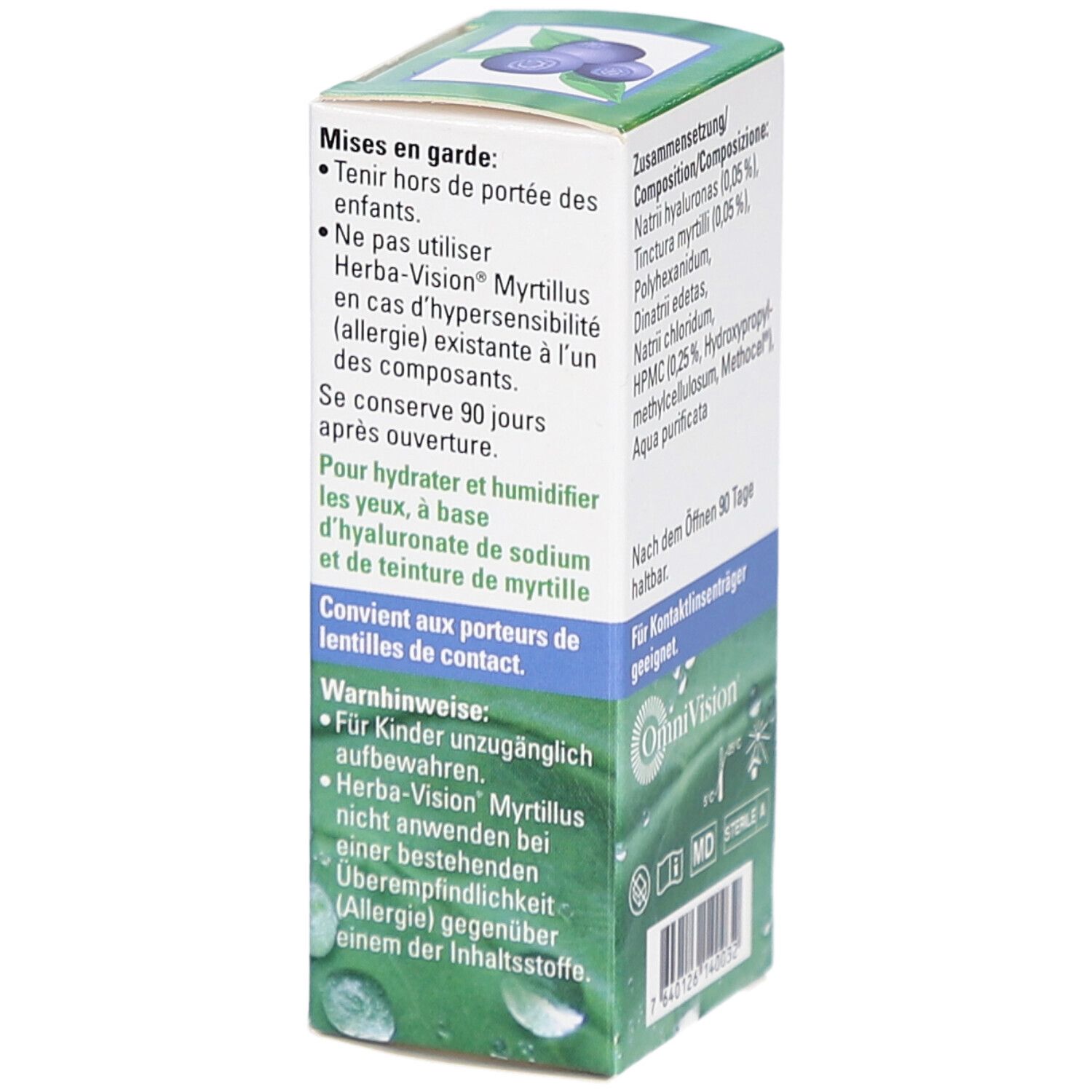 Seitenansicht der Herba-Vision Myrtillus Verpackung. Enthält Warnhinweise und Herstellerinformationen. Illustration von Blaubeeren.