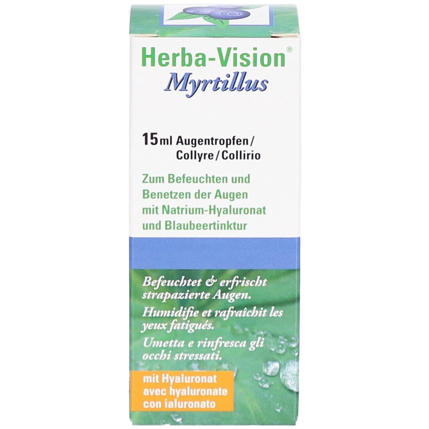 Vorderansicht der Herba-Vision Myrtillus Verpackung. Enthält Produktnamen, Volumen und Anwendungsbereich. Blaubeer-Illustration.