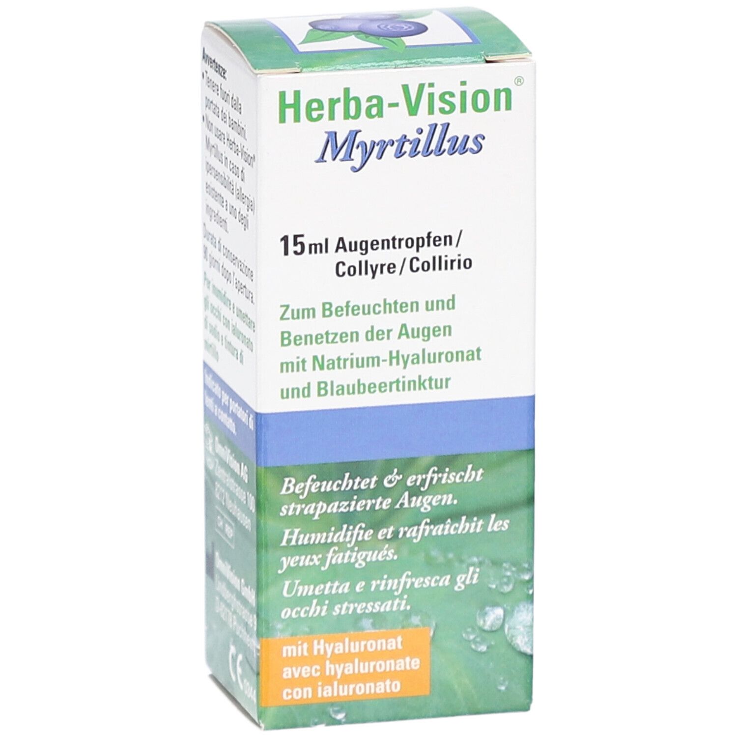 Vorderansicht der Herba-Vision Myrtillus Verpackung. Enthält Produktnamen, Volumen und Anwendungsbereich. Blaubeer-Illustration.