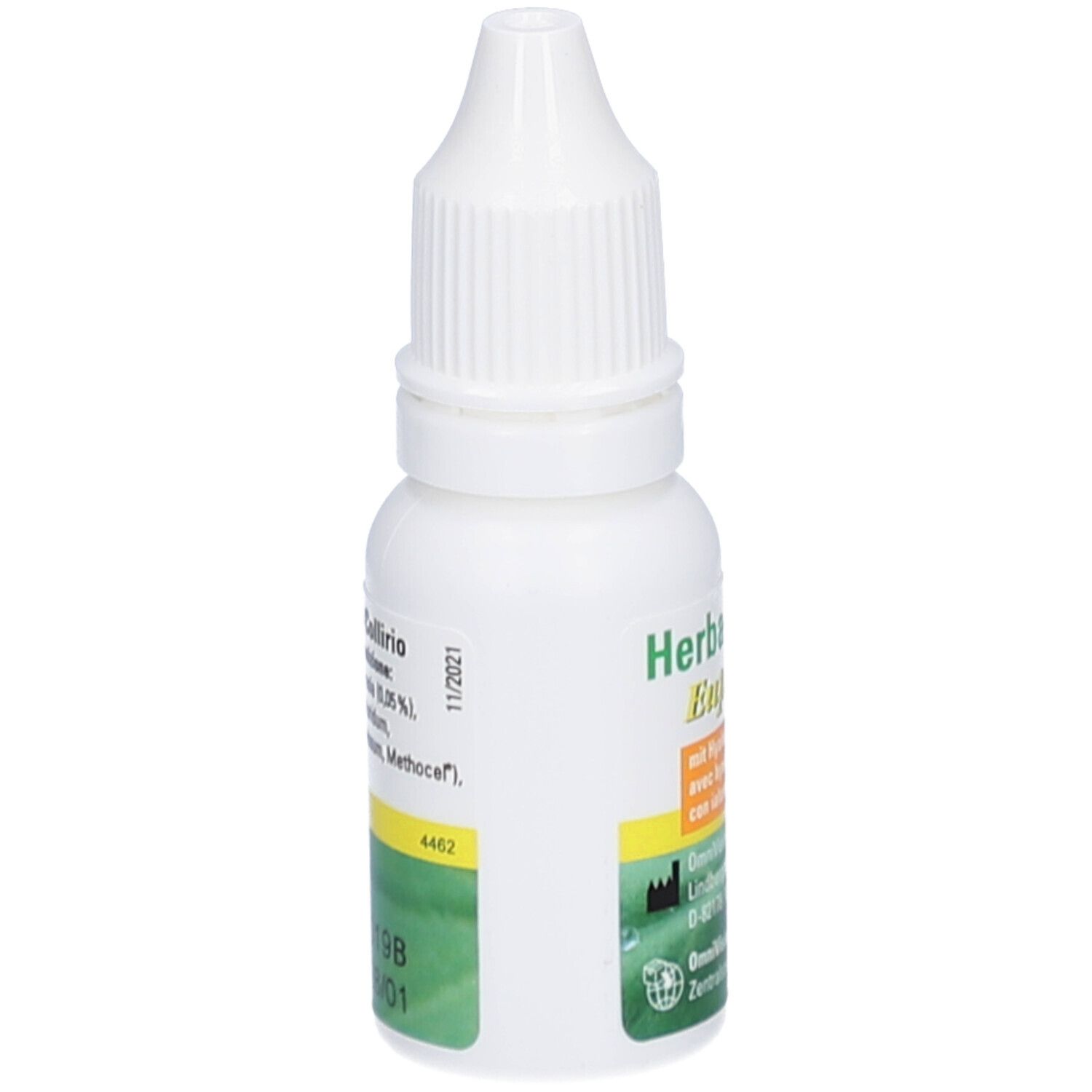 Augentropfen-Fläschchen, weiß, mit grün-gelbem Etikett. Enthält Euphrasia und Hyaluronsäure. Mit Tropfaufsatz.