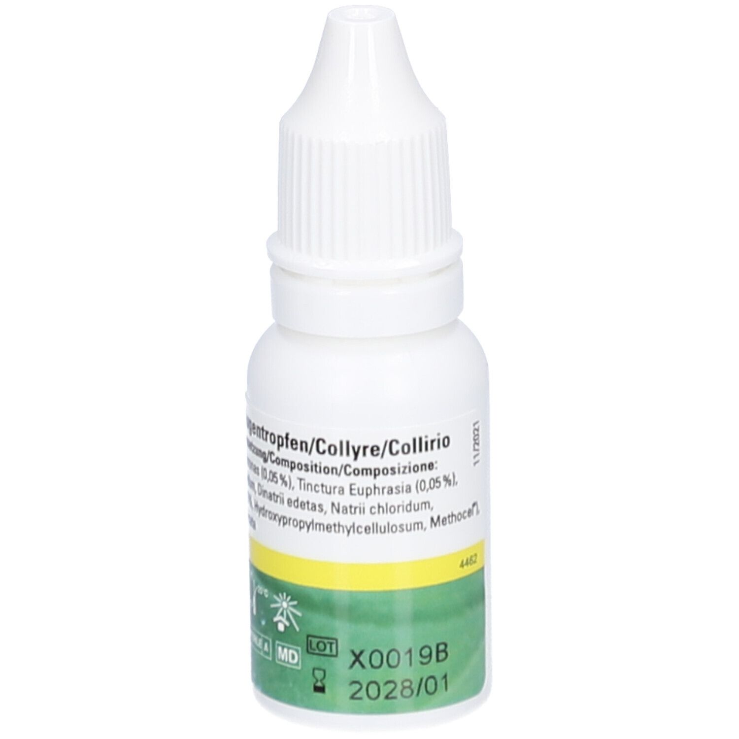 Weißes Augentropfen-Fläschchen mit grün-gelbem Etikett. Enthält Euphrasia und Hyaluronsäure. Mit Tropfaufsatz.