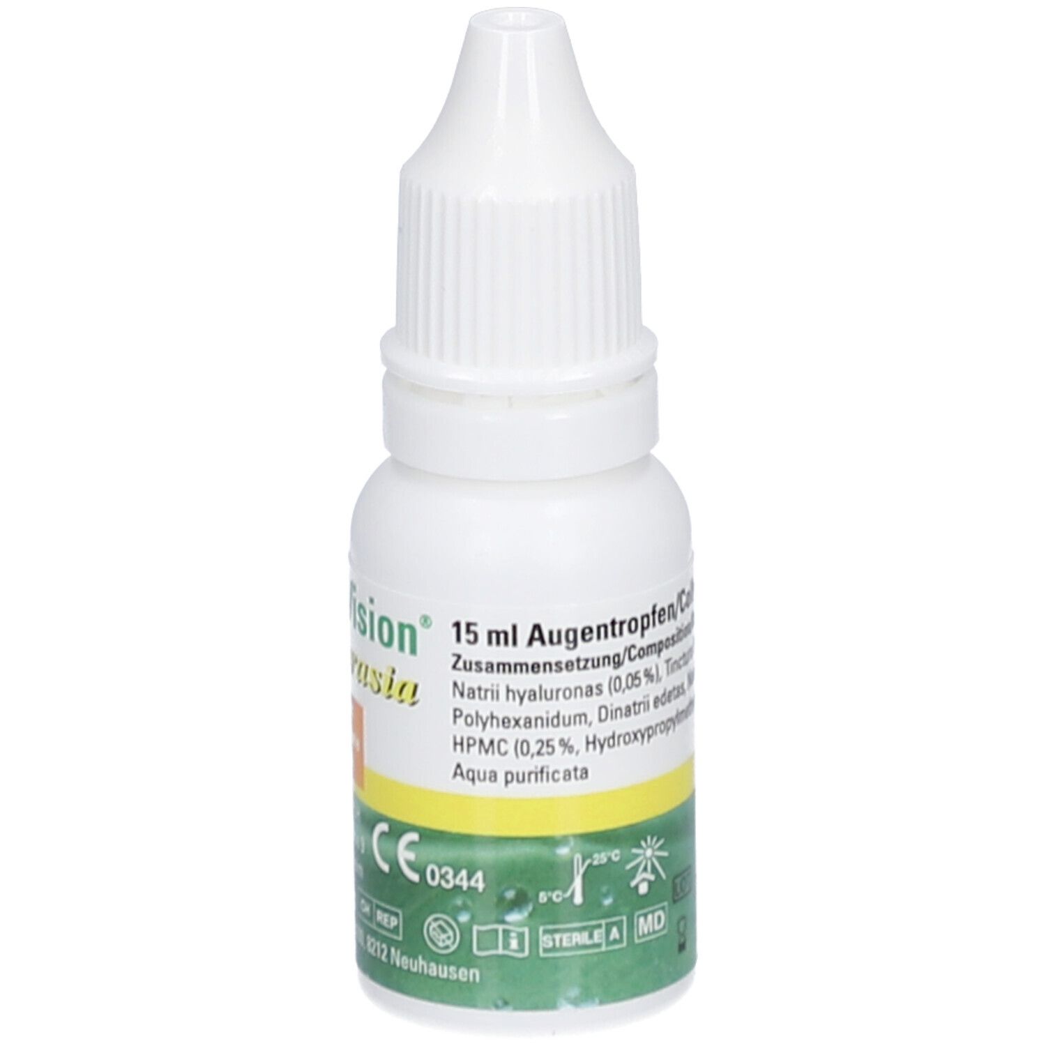 Weißes Augentropfen-Fläschchen mit grün-gelbem Etikett. Enthält 15 ml Augentropfen. Mit Tropfaufsatz.