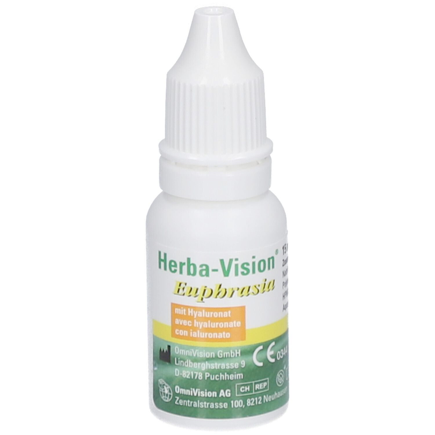 Weißes Augentropfen-Fläschchen mit grünem Etikett. Enthält Euphrasia und Hyaluronsäure. Mit Tropfaufsatz.