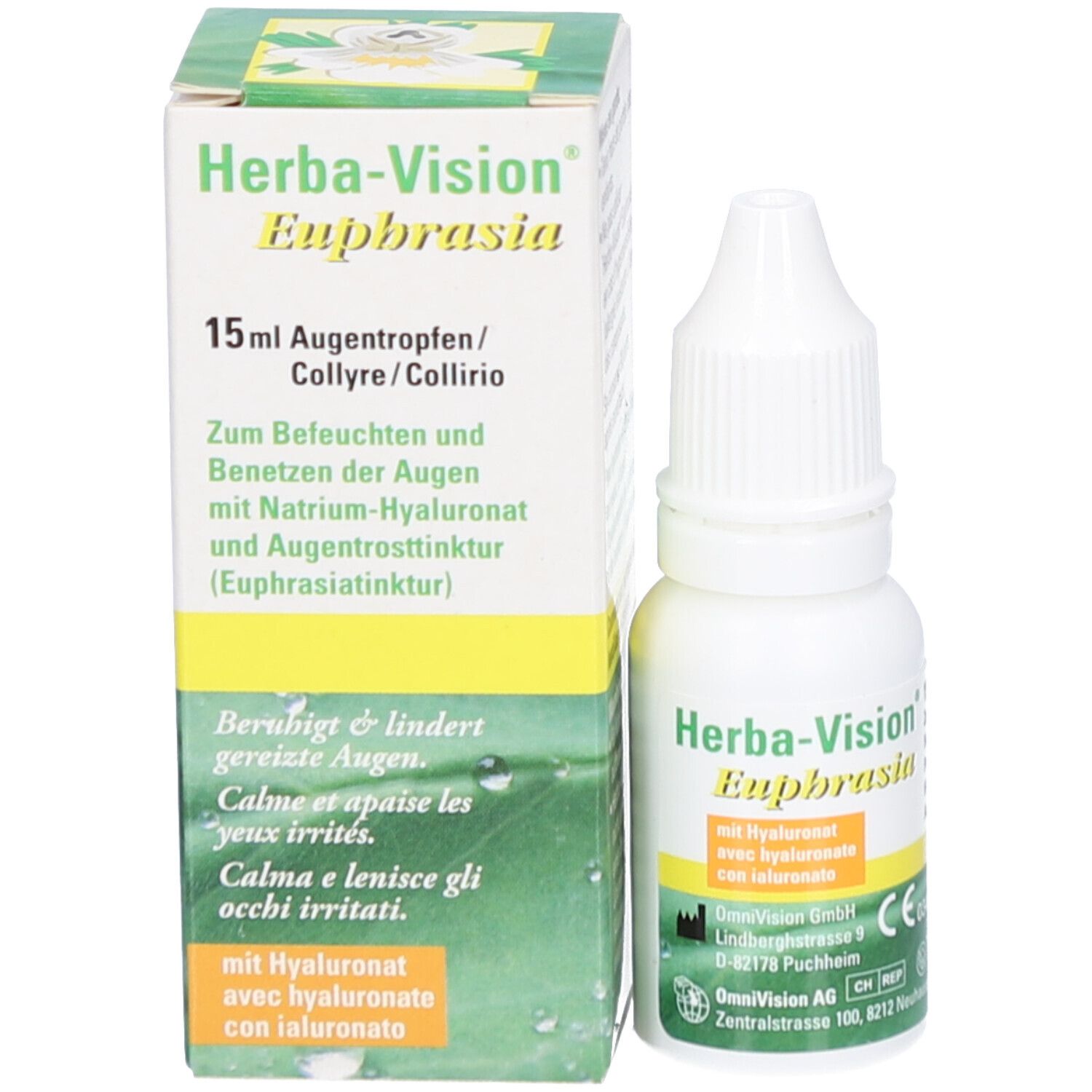Produktverpackung mit Fläschchen. Enthält Augentropfen mit Euphrasia und Hyaluronsäure. Mit Tropfaufsatz.