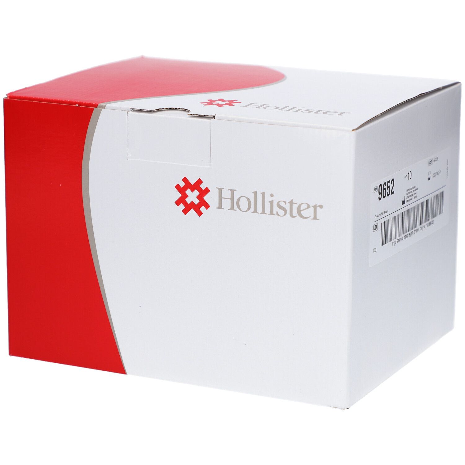 Boîte blanche et rouge Hollister. Inscriptions : 9652, 10 pièces. Informations produit et code-barres.